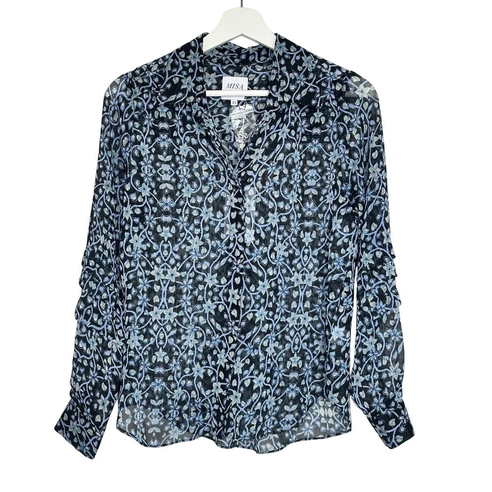 MISA Los Angeles Floral Long Sheer Sleeve Blouse Top Blue Black Extra Small